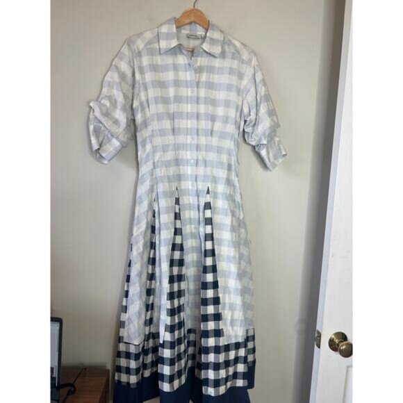 NEW Simkhai Jazz Frayed Paneled Checked Cotton Voile Midi Shirt Dress Size: XS - Picture 2 of 7